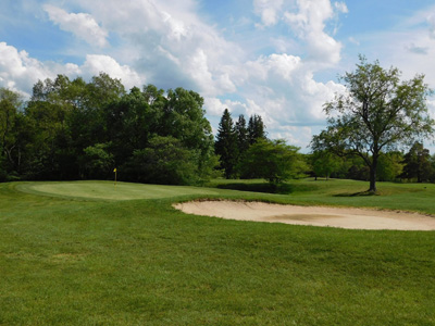 image of golf course green with sand trap and trees